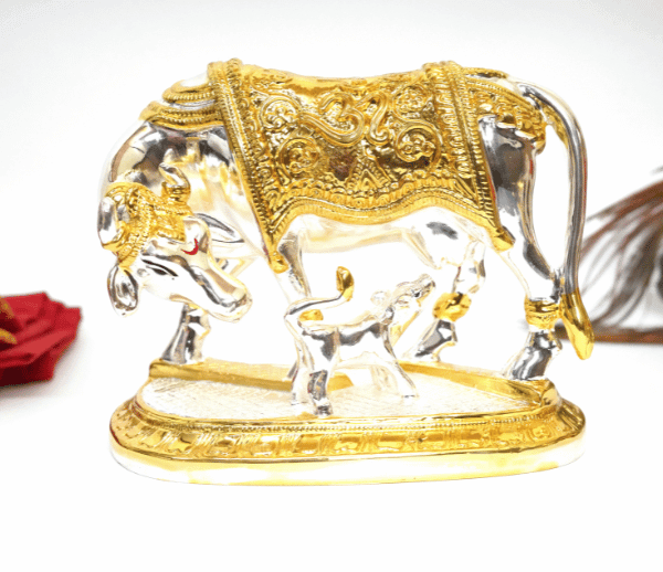Gold & Silver Plated Kamdhenu Cow Idol with Calf – Front View