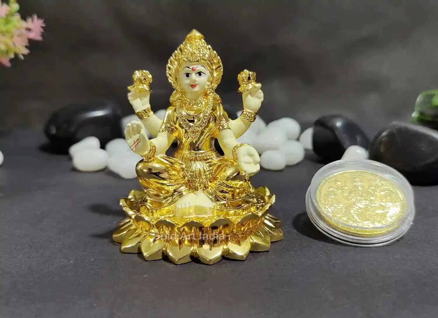 Gold Plated Kamal Lakshmi Idol seated on lotus with intricate detailing, shown with gold-plated coin, perfect for puja room and gifting | Gold Art India