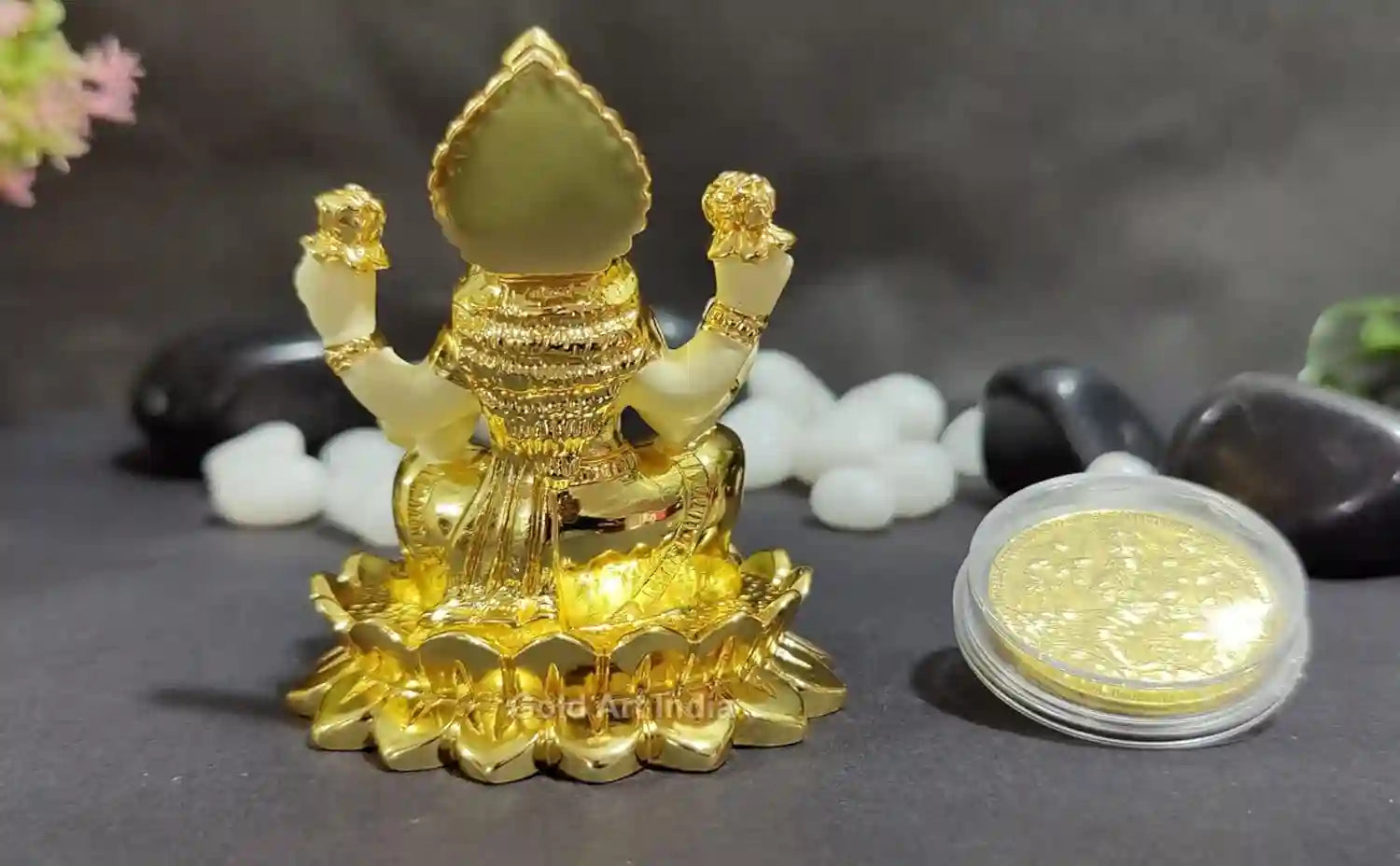 Back view of Gold Plated Kamal Laxmi Idol on Off-White Terracotta Base with fine detailing | Gold Art India