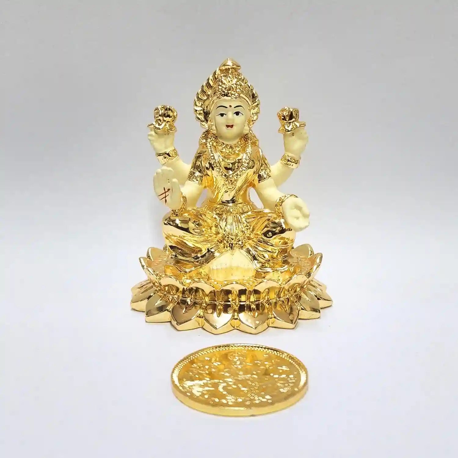 Front view of Gold Plated Kamal Laxmi Idol with Off-White Terracotta Base and Gold-Plated Coin | Gold Art India