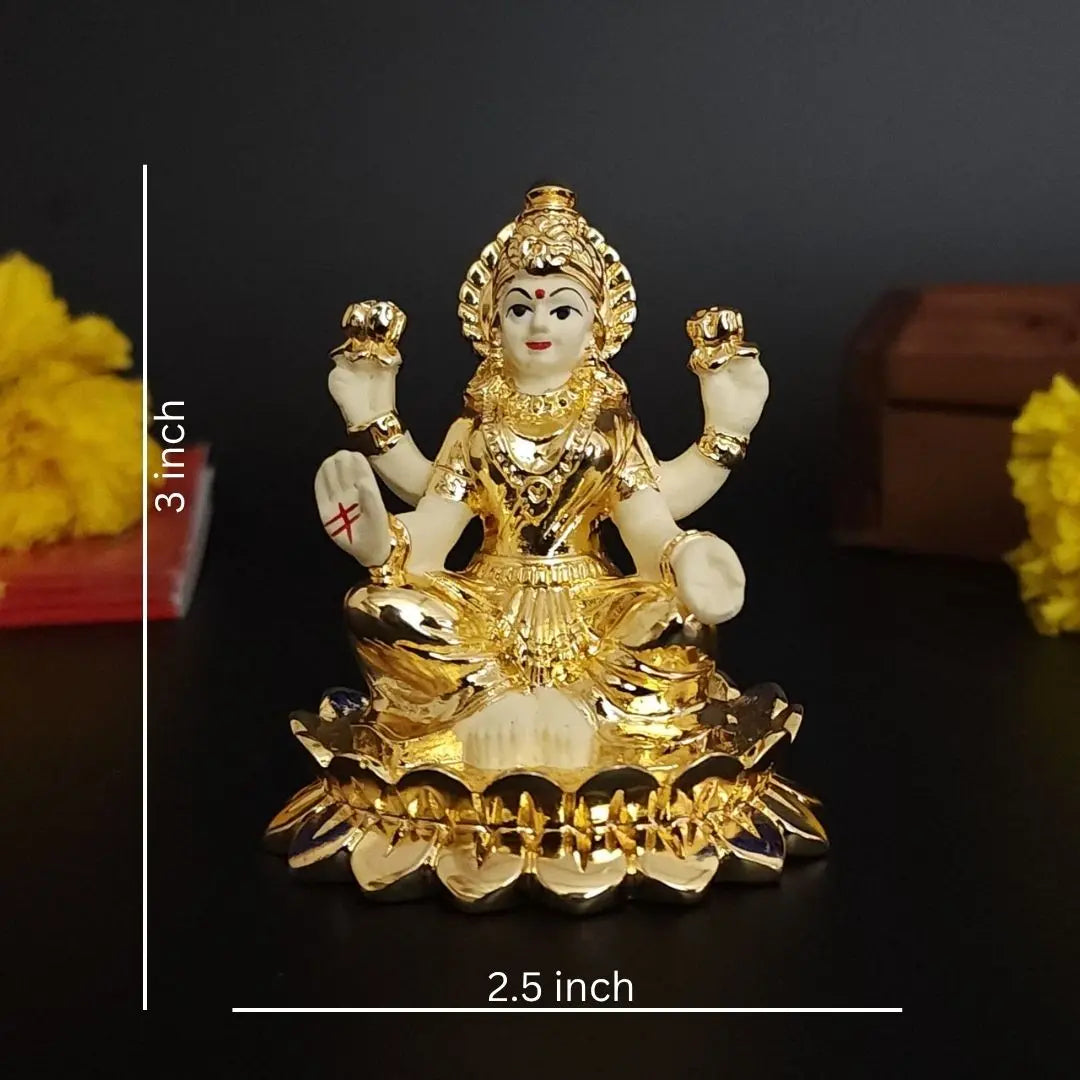 Dimension display of Kamal Laxmi Idol, 3H × 2.5W inch, gold plated with Off-White Terracotta Base | Gold Art India