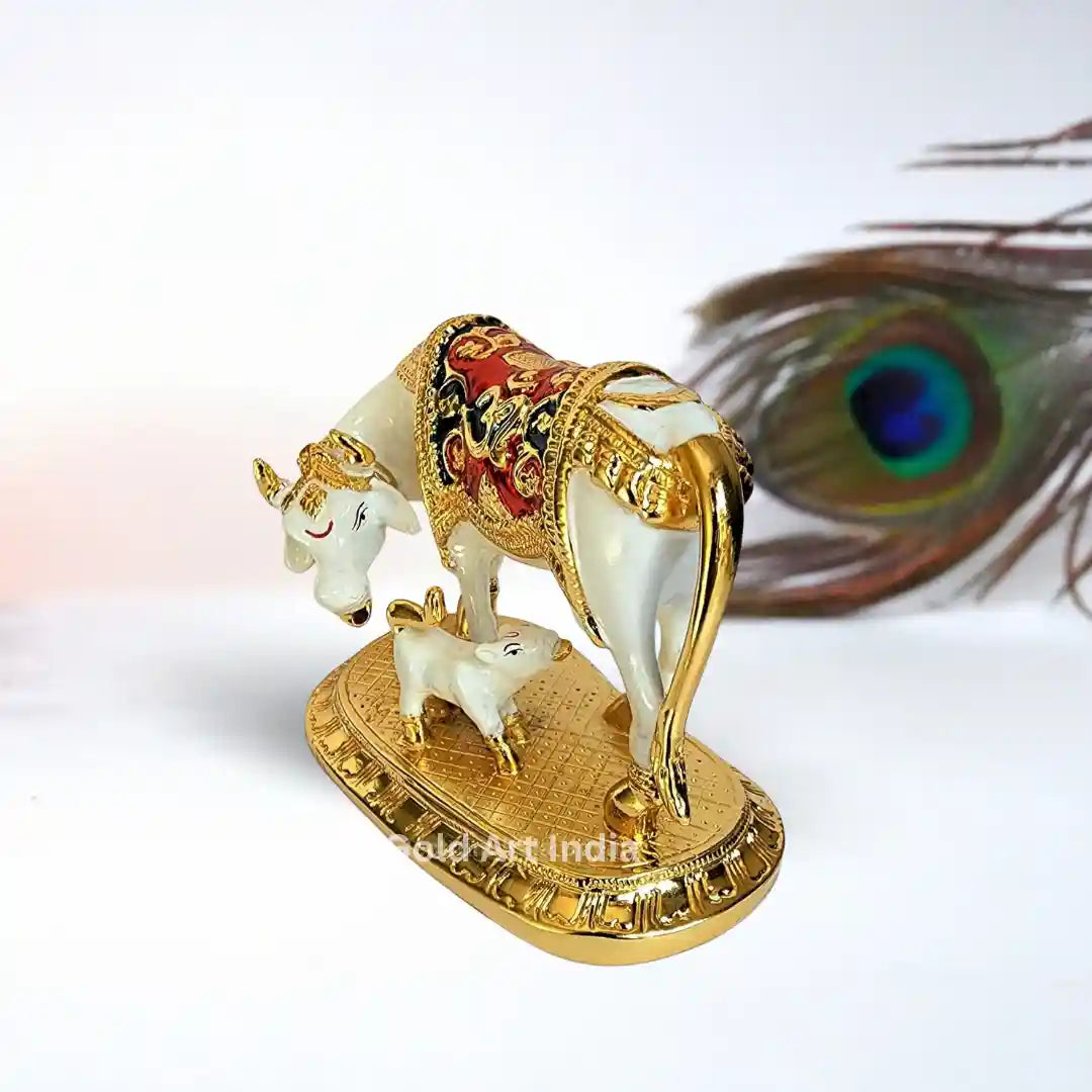 Side view of Kamdhenu Cow Idol with calf – Gold and White Lacquer Finish