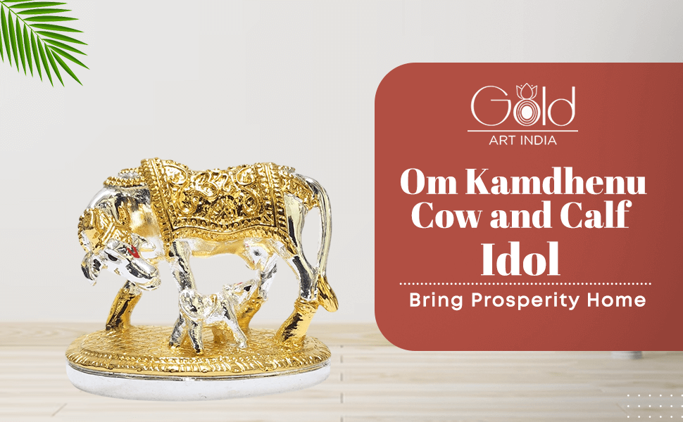Gold Art India Om Kamdhenu Cow with Calf Idol – Gold & Silver Plated | Compact Vastu Decor