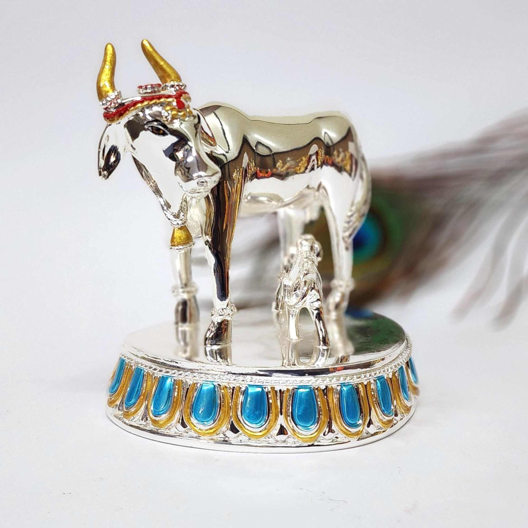 Vastu Decor Kamdhenu Idol on Blue Round Base – Side Angle