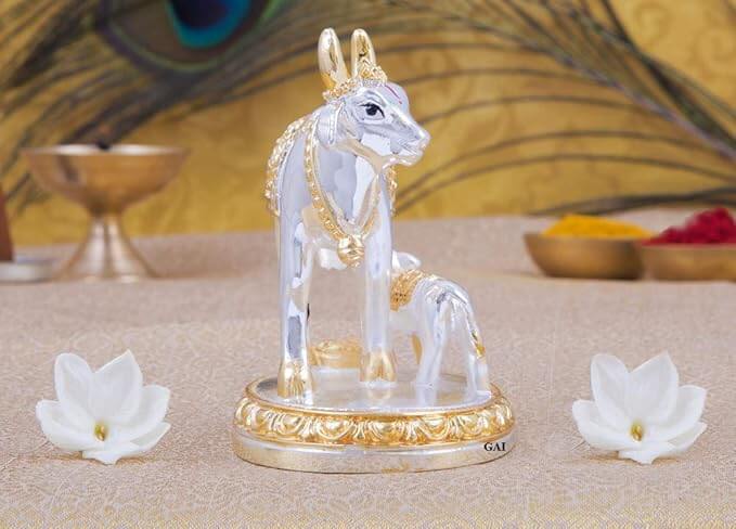 Silver and gold-plated Kamdhenu idol for Vastu and Pooja