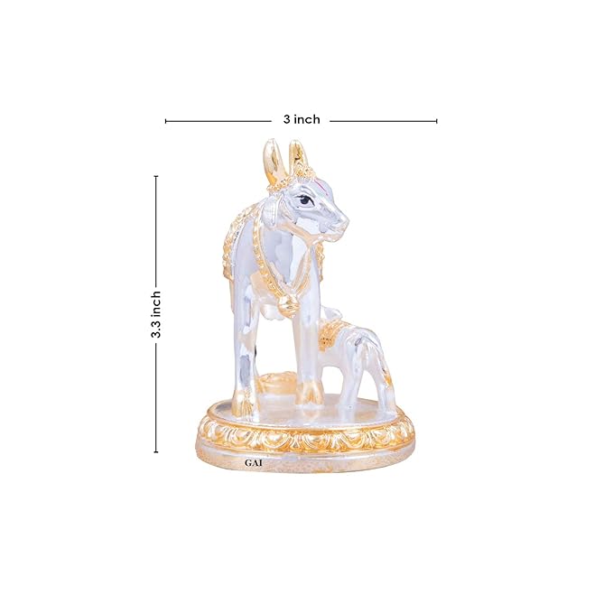 Gold Art India Kamadhenu cow and calf idol in gold and silver, 3.3 x 3 inches. Perfect for puja, decor, and gifting.