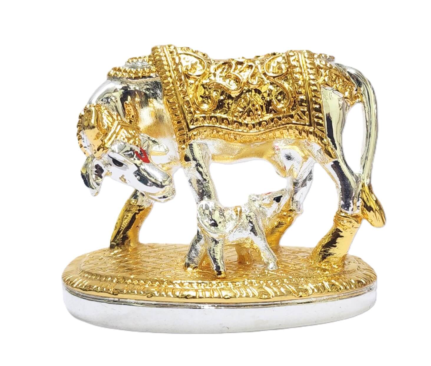 Gold Art India elegant silver and gold
Plated Kamadhenu cow and calf idol with intricate detailing, symbolizing prosperity and spiritual blessings. Perfect for home decor, puja rituals, and gifting
