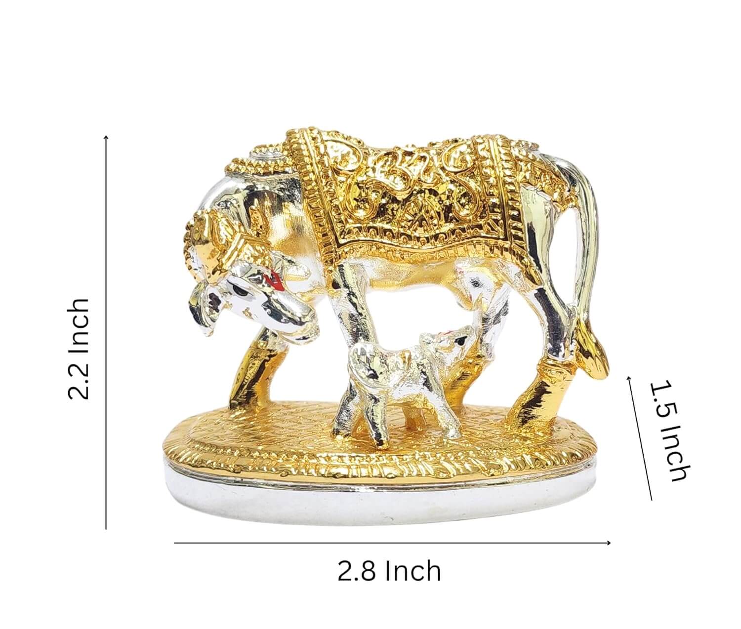 Gold Art India Kamadhenu cow and calf idol with gold and silver Plated detailing, featuring traditional carvings and spiritual symbols. Dimensions: 6.2 inches (L) x 5.8 inches (H) x 3.5 inches (W). Ideal for home decor, puja rituals, and gifting