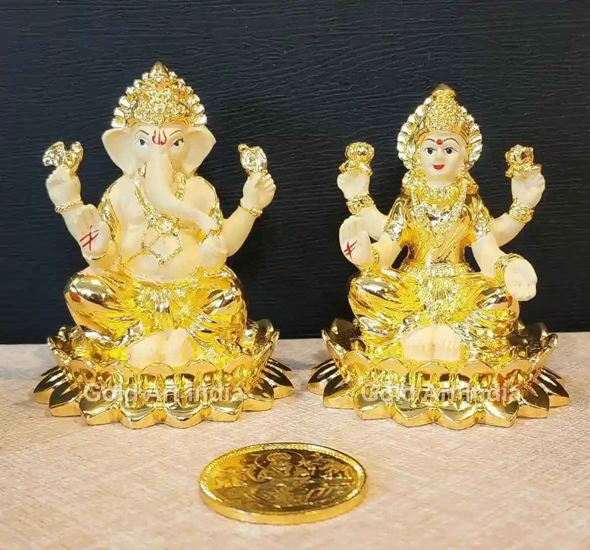 Gold Plated Kamal Lakshmi Ganesh Idol pair with off-white terracotta base and gold-plated coin