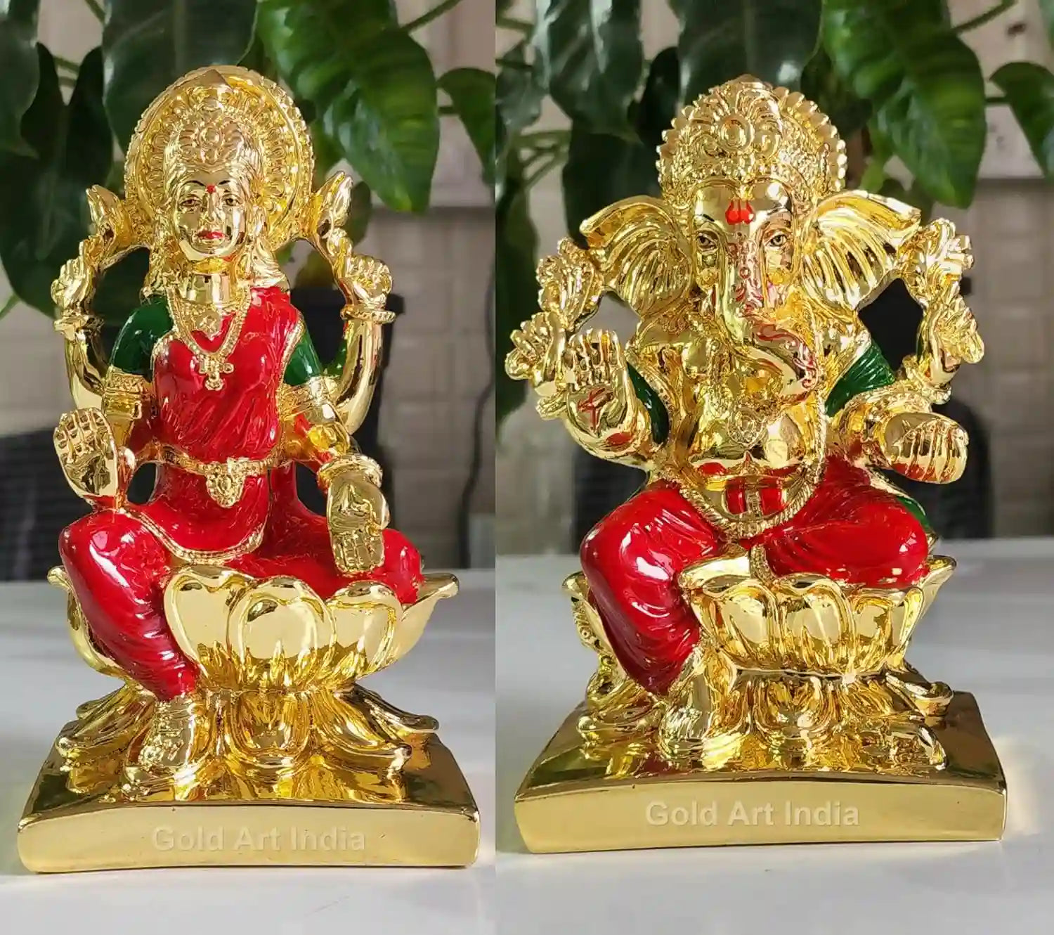7-Inch Gold Plated Lakshmi & Ganesha Idol Set with Red Enamel Work, handcrafted pair