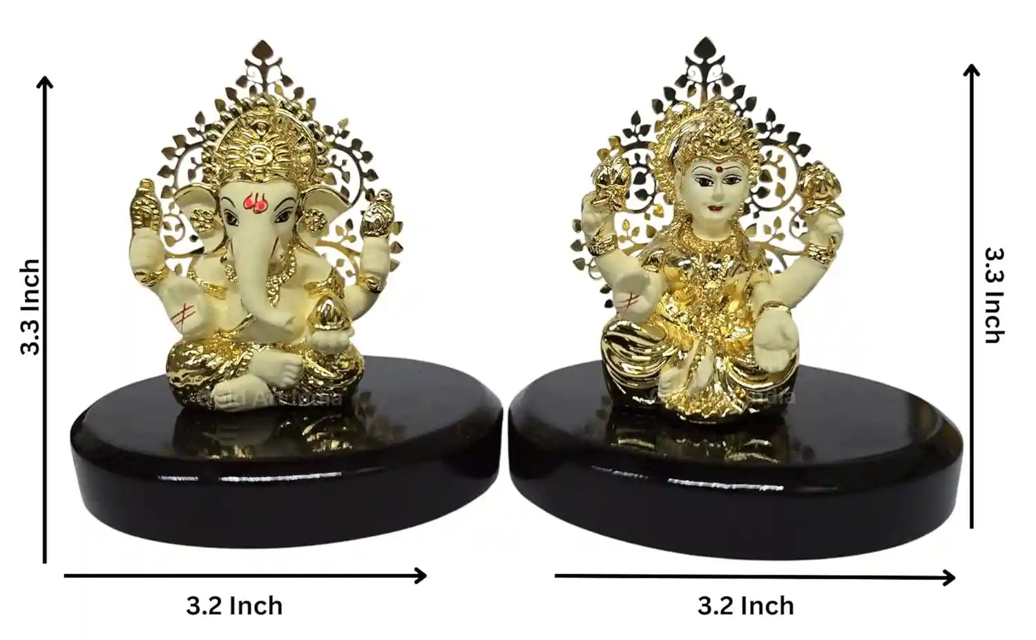 Dimension view of Lakshmi & Ganesha Idol Set, 3.3H × 3.2W inch each, gold-plated off-white terracotta base on oval MDF platform | Gold Art India