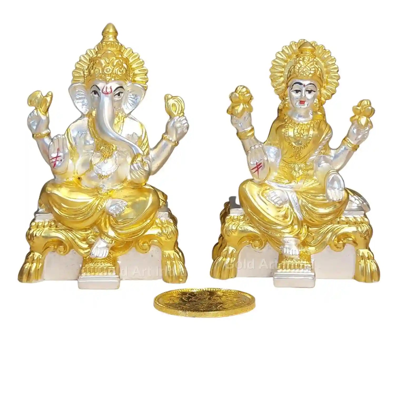 Handcrafted Lakshmi and Ganesha idol set with matte finish, authentic gold and silver plating, shown on plain white background