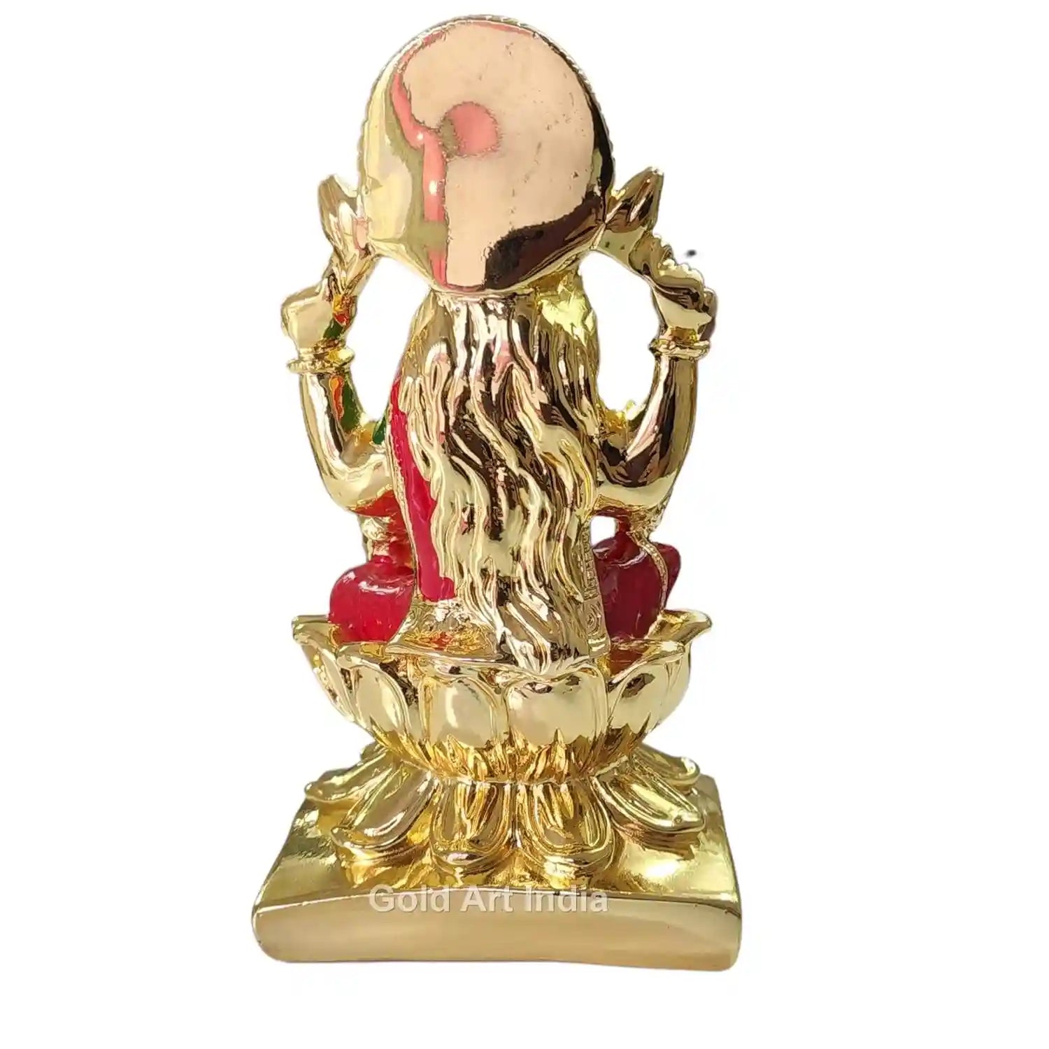 Back view of 7-inch Gold Plated Lakshmi Idol with Red Enamel on golden base | Gold Art India