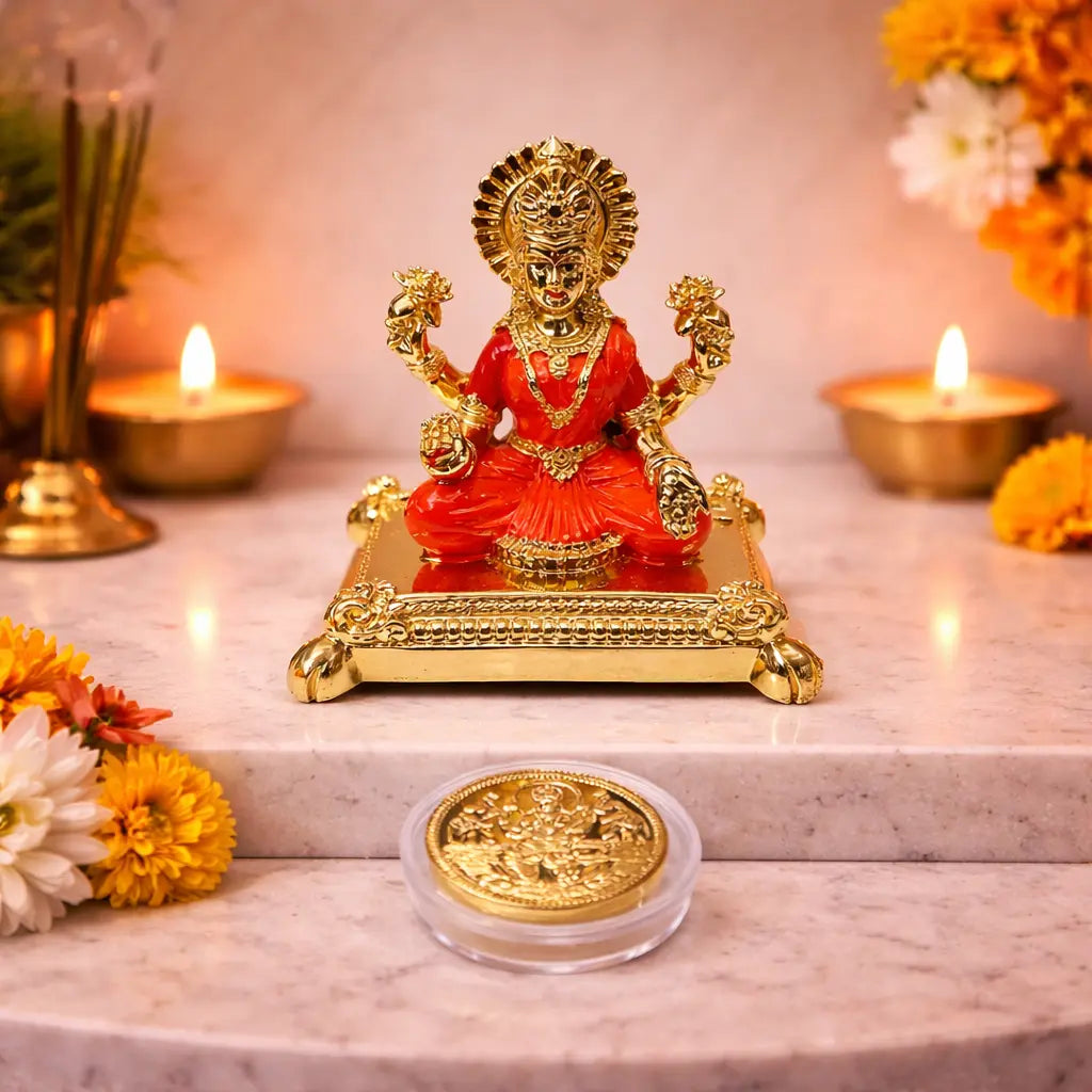 Pata Laxmi Gold Plated Idol for Mandir | Orange Enamel Color Work With Gold Plated Coin | Gold Art India