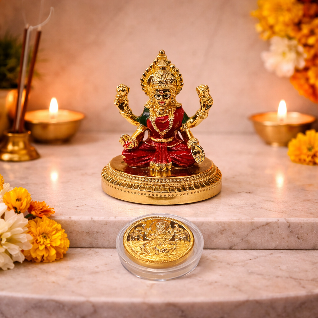 Round Laxmi Gold Plated Idol for Mandir | Red Enamel Color Work With Gold Plated Coin 3 inch | Gold Art India