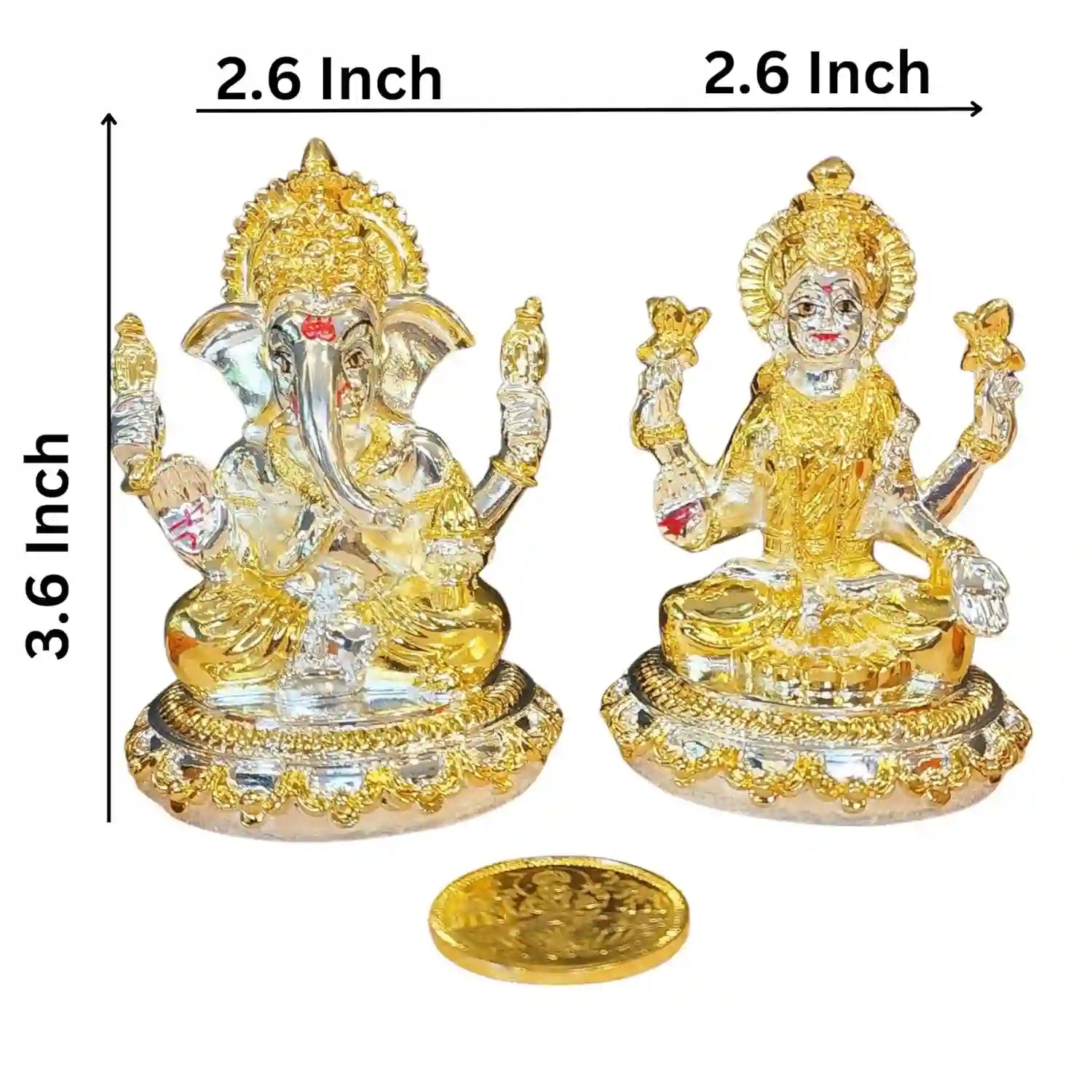 Lakshmi Ganesh Idol set gold & silver plated with gold-plated coin – size reference 3.6-inch idols | Gold Art India