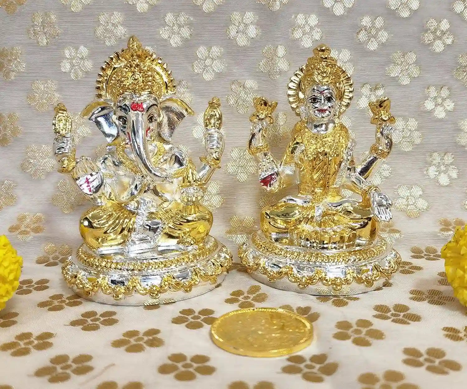 Side angle of Lakshmi Ganesh Idol set in gold & silver plating with gold-plated coin, festive décor piece