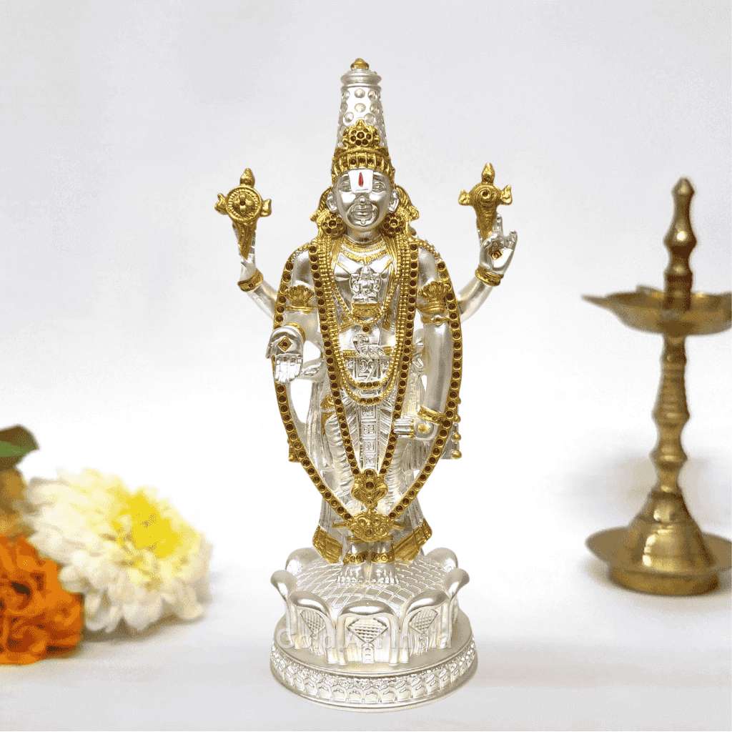 Lord Tirupati Balaji Gold & Silver Plated Matte Idol with intricate golden jewelry Standing on lotus flower work
