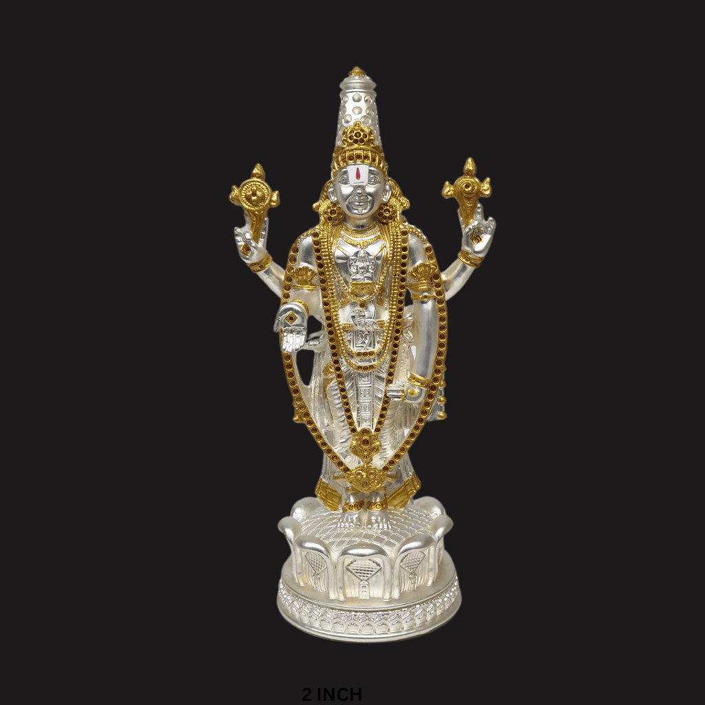 Lord Tirupati Balaji Gold & Silver Plated Matte Idol with intricate golden jewelry Standing on lotus flower work