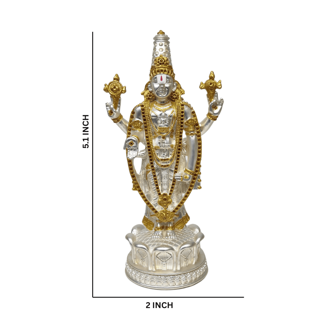 Lord Tirupati Balaji Gold & Silver Plated Matte Idol with intricate golden jewelry Standing on lotus flower work size 51. x 2 x 2 inchecs