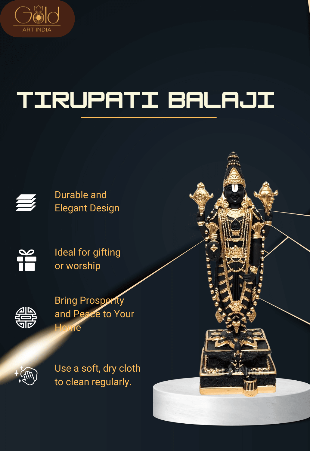 Black and gold Plated Lord Venkateshwara idol, intricately detailed with ornate jewelry and traditional symbols, standing on a decorated pedestal.