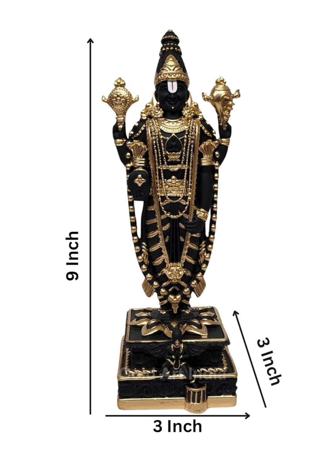 Black and gold Plated Lord Venkateshwara idol, intricately detailed with ornate jewelry and traditional symbols, standing on a decorated pedestal. dimension 9 x 3 x 3 inches