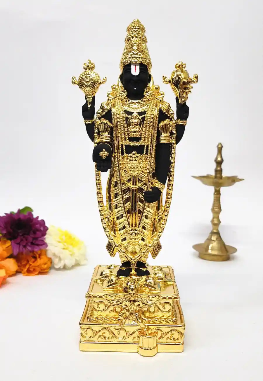 Gold Plated Black Balaji Garuda Idol – Front View with Crown and Hands Raised