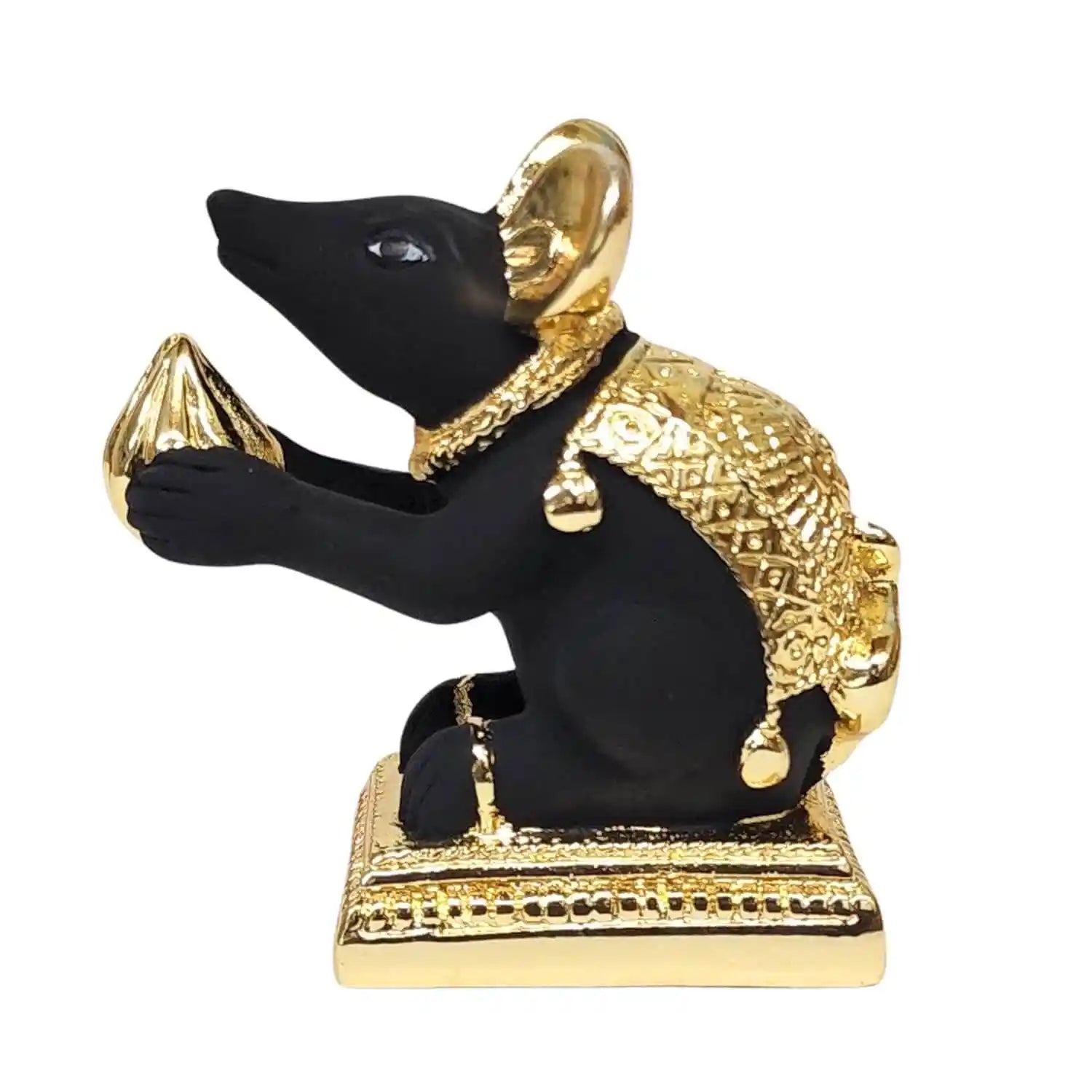 Gold-plated & Black Terracotta Mushak rat idol with intricate carvings, sitting on a decorative base, holding a modak offering in its paws