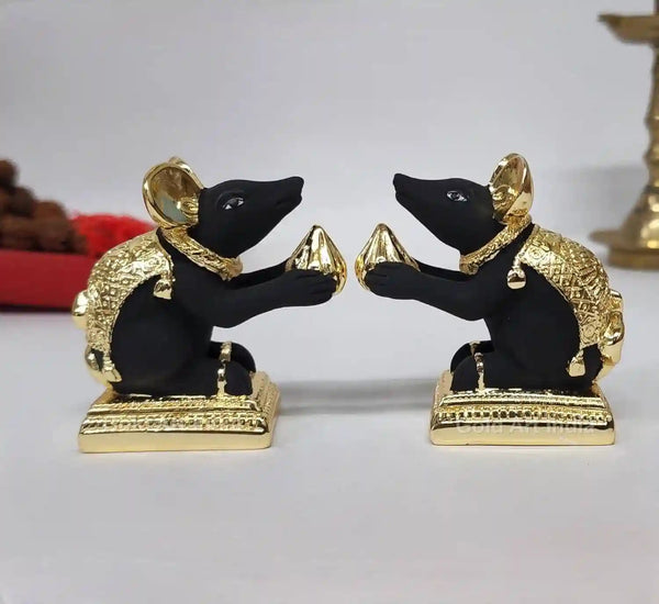 Gold-Plated Mushak Idol Pair with Modak | Black Terracotta Finish | Ganesha Vahana