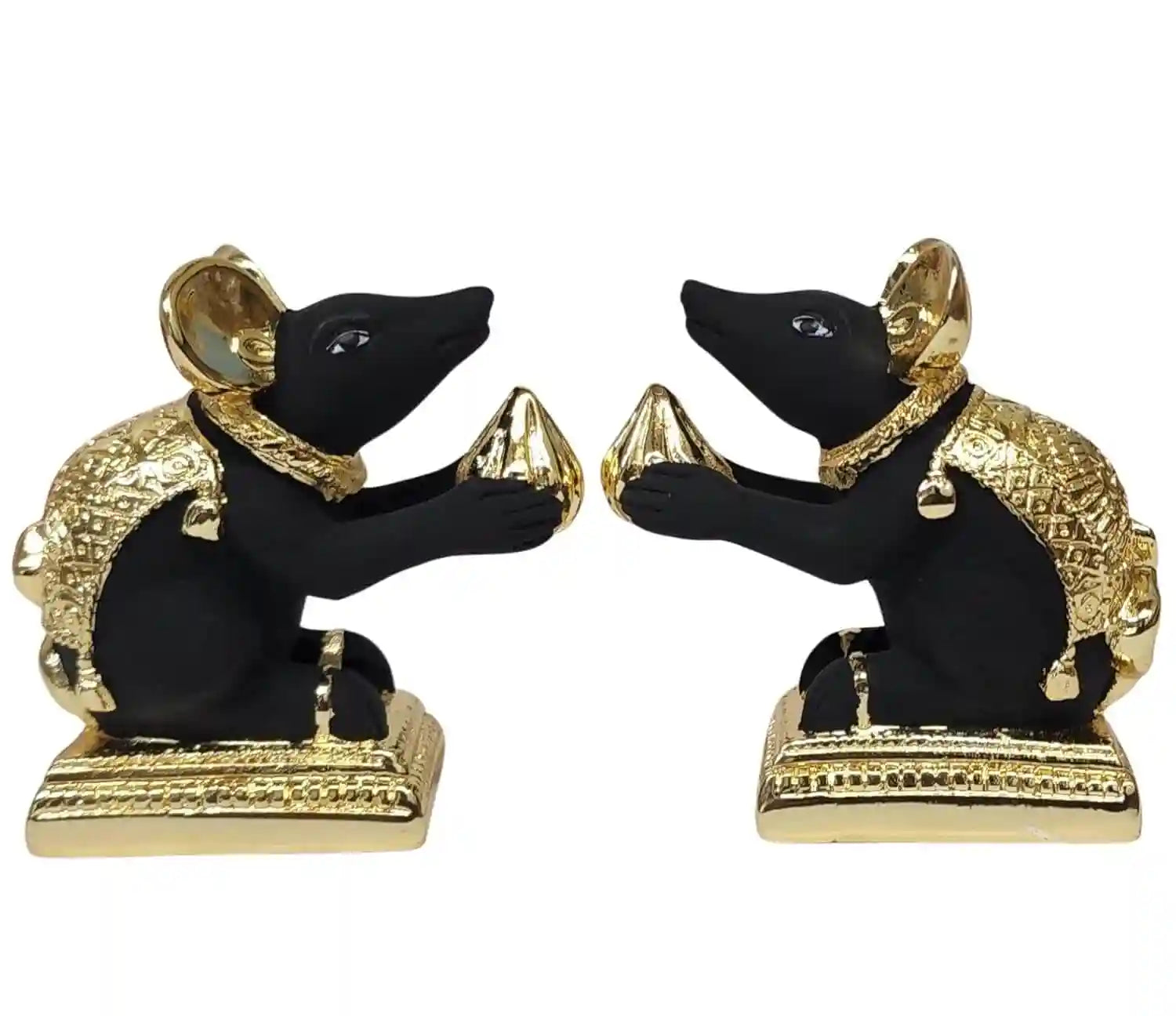 Side view of sacred Mushak idols in black terracotta with gold-plated finish