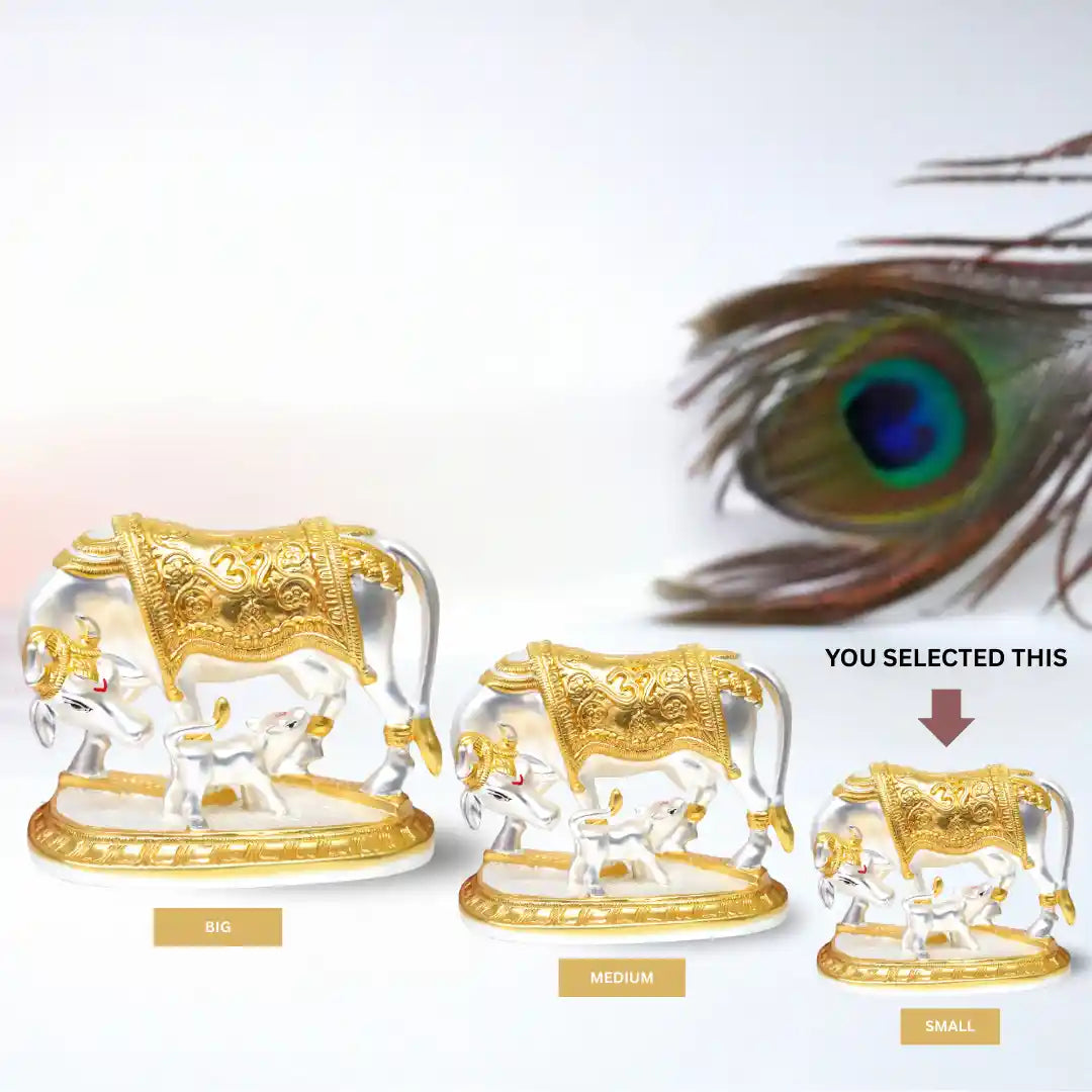 Kamdhenu cow and calf idol – 3 inch, product info chart – Gold Art India