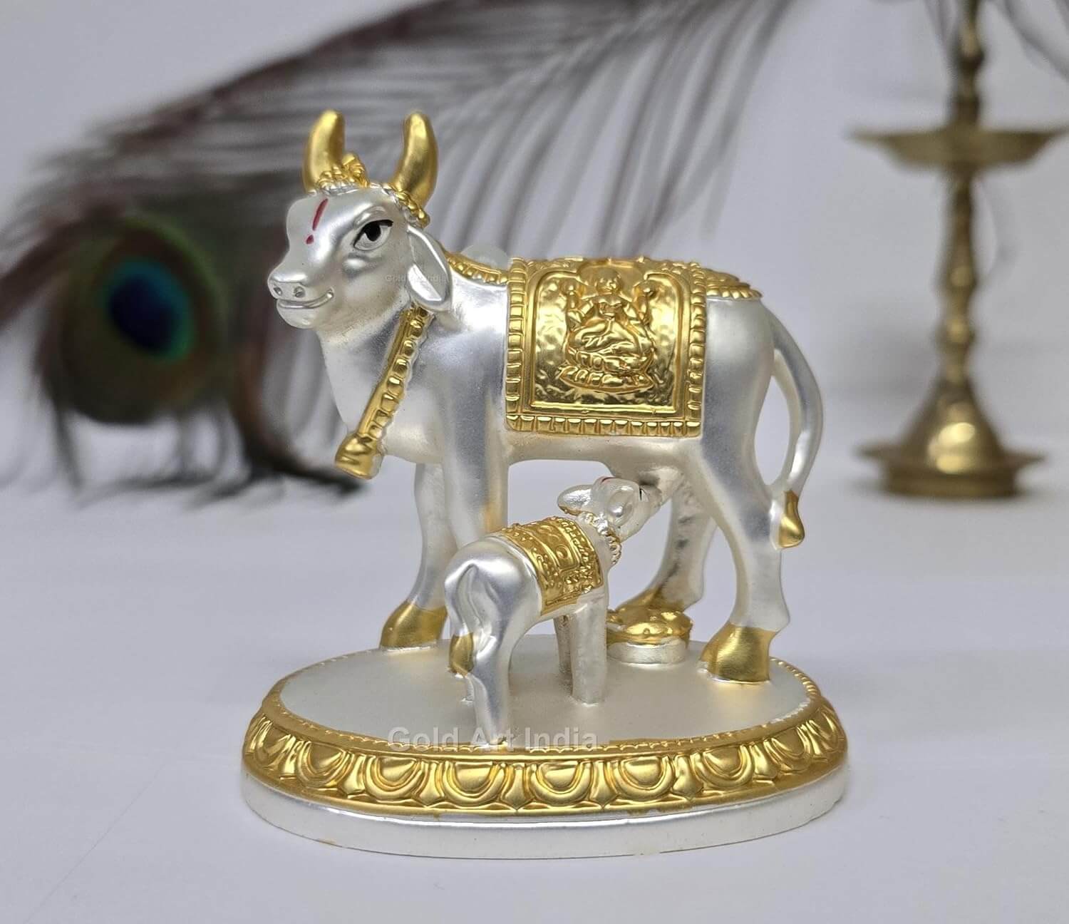 Gold and silver plated Kamdhenu cow with calf idol in matte finish – front view