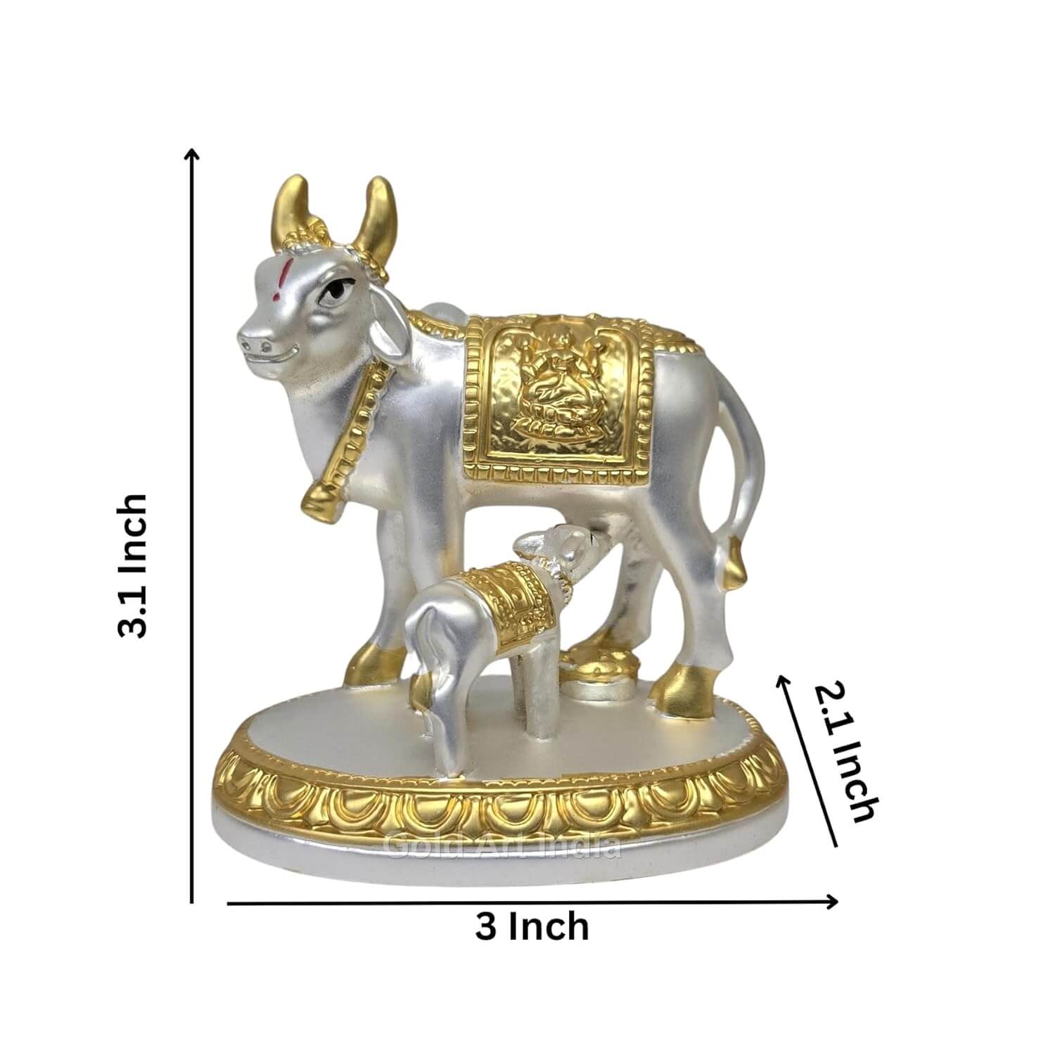 Gold Art India Kamadhenu cow and calf idol in gold and silver, 3.1 x 3 x 2.1 inches. Perfect for puja, decor, and gifting.
