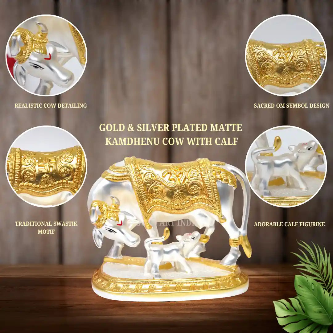Kamdhenu cow and calf idol – 3 inch, detail view – Gold Art India