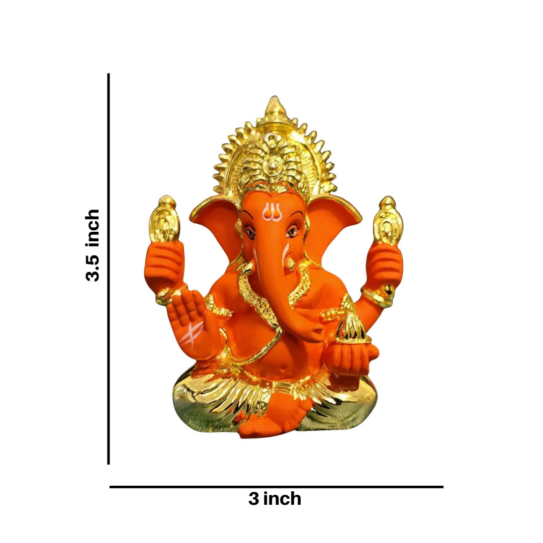 Orange & Gold Plated Ganesh Idol – 3.5 inch handcrafted murti with intricate detailing, ideal for car dashboard, puja, and gifting.