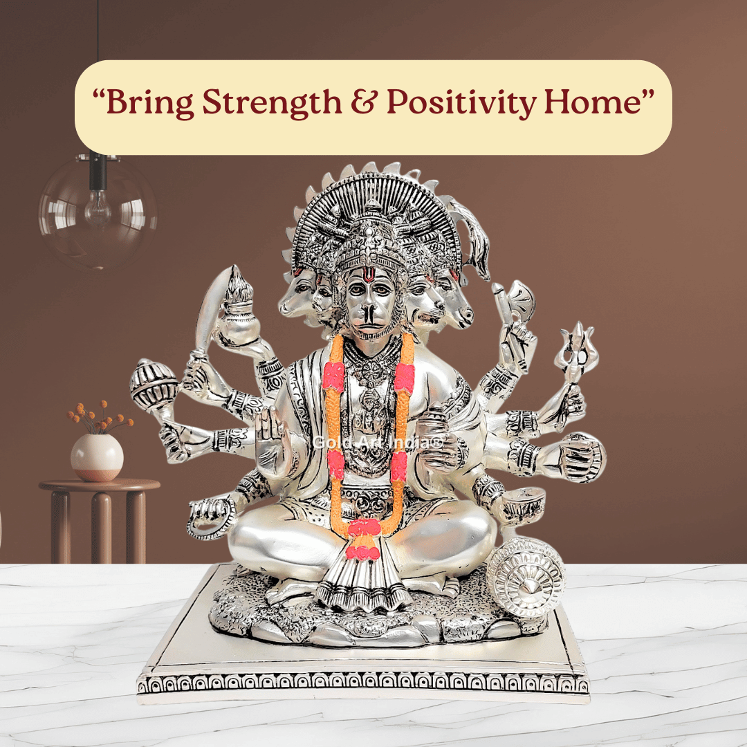 Silver Plated Matte Finish “Panchamukhi Hanuman idol placed on a table with a background that reads ‘Bring Strength & Positivity Home’, symbolizing divine energy and protection.”