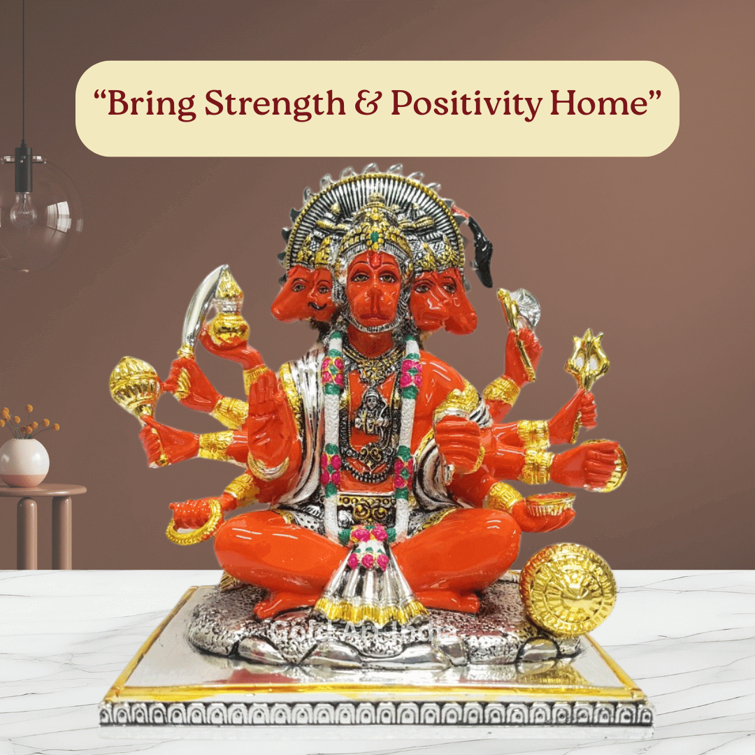 Panchamukhi Hanuman idol placed on a table with a background that reads ‘Bring Strength & Positivity Home’, symbolizing divine energy and protection.
