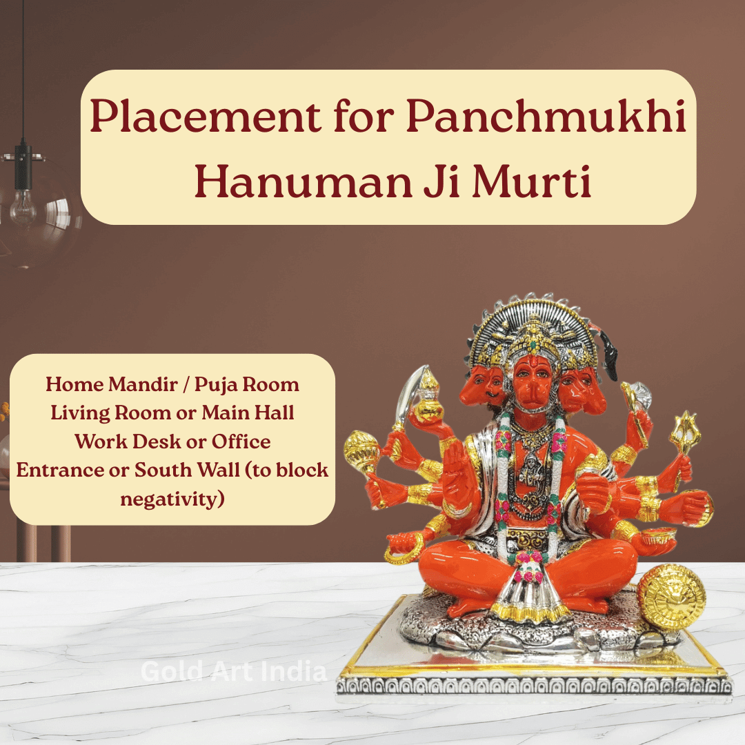 “Panchamukhi Hanuman idol placed on a table with a background that reads Benefits of Worshipping
Panchmukhi Hanuman Ji