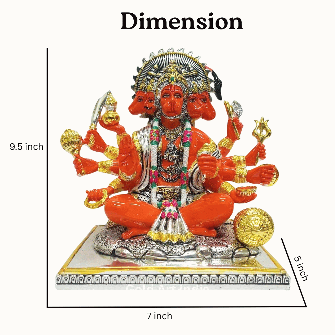 “Front view of the Panchamukhi Hanuman idol with labeled dimensions — 9.5 inches height, 7 inches width, and 5 inches depth.”