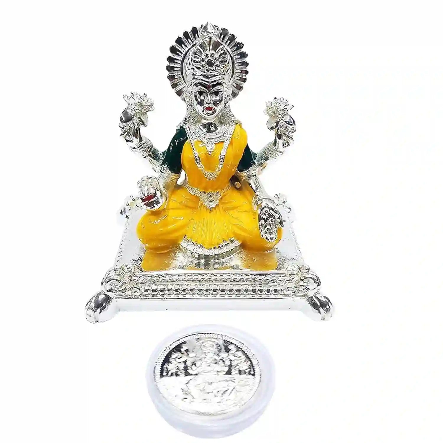 background front virewof Pata Laxmi Silver Plated Idol adorned with yellow enamel detailing, paired with silver-plated coin
