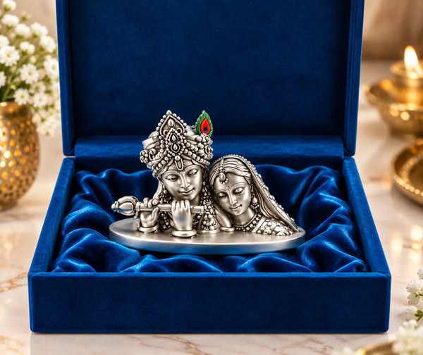 Radha Krishna Silver Plated Idol | Beautifully Crafted Hindu God Statue for Home Temple, Office & Gifting