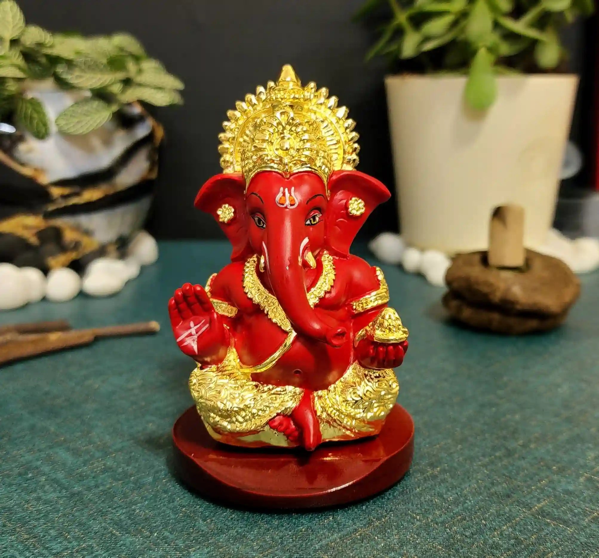 Red Finish Ganesh Idol on Wooden Base – Handcrafted Statue by Gold Art India, 3.5 Inch Height, Ideal for Home Décor & Puja.