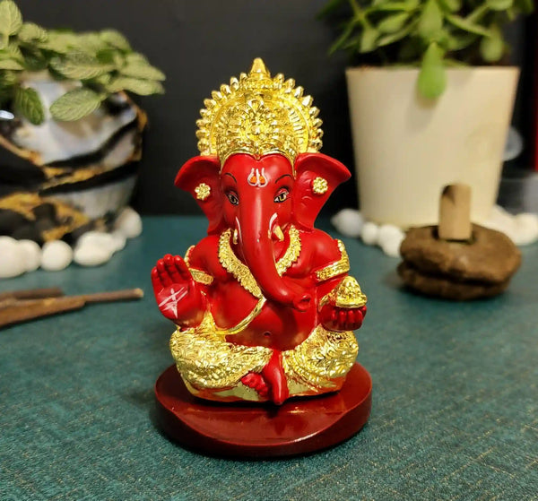 Red Ganesha Idol Gold Plated with MDF Base – For Car Dashboard & Home Decor| Gold Art India