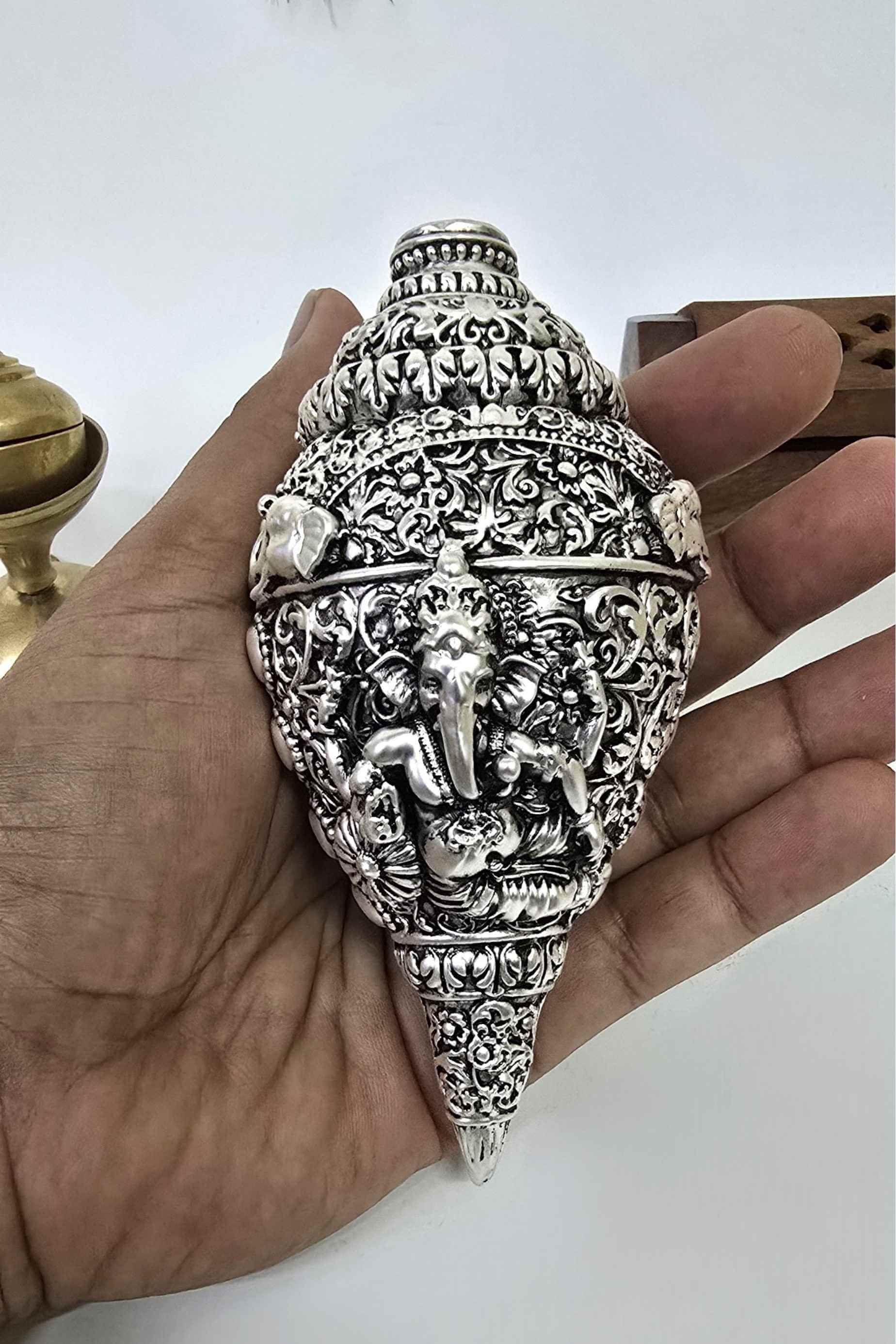 999 silver-plated Shank Ganesha idol in antique matte finish – front view