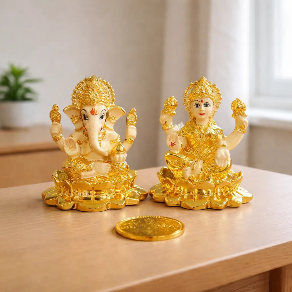 Laxmi Ganesh gold plated off-white terracotta idol set – 2.8 inch, for home mandir and gifting – Gold Art India
