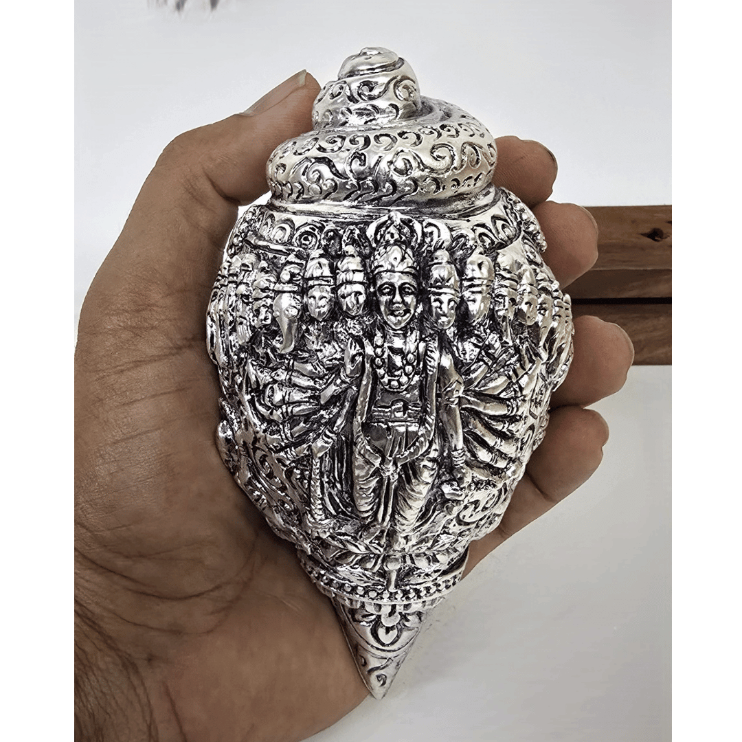 999 silver-plated Shank Vishnuji held in hand – divine conch idol