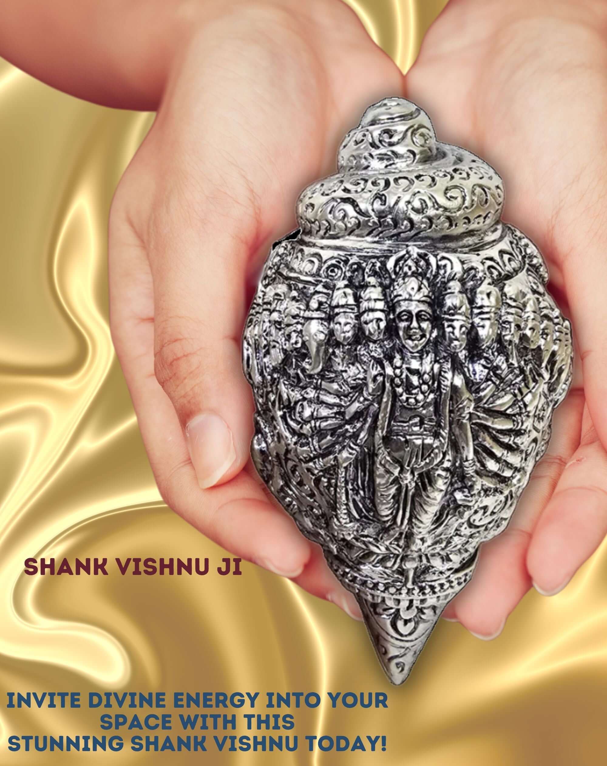 Silver-plated sacred conch shell (shankha) featuring an intricate carving of Lord Vishnu in his Vishwaroopa (universal form) with multiple faces and arms
