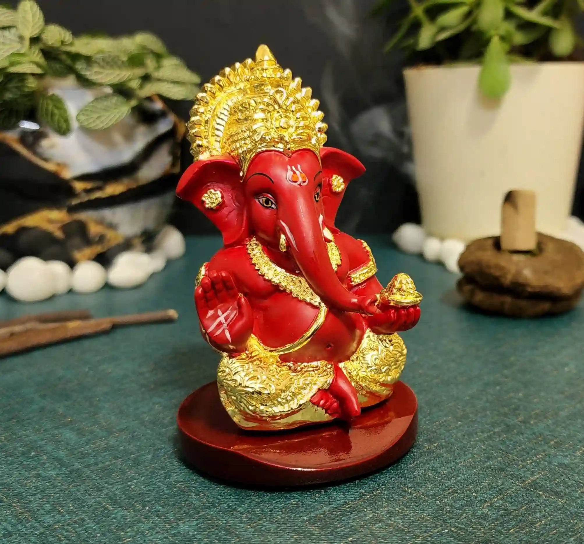 Side View of Red Finish Ganpati Idol – Intricately Handcrafted, Perfect for Car Dashboard, Office Desk & Gifting.