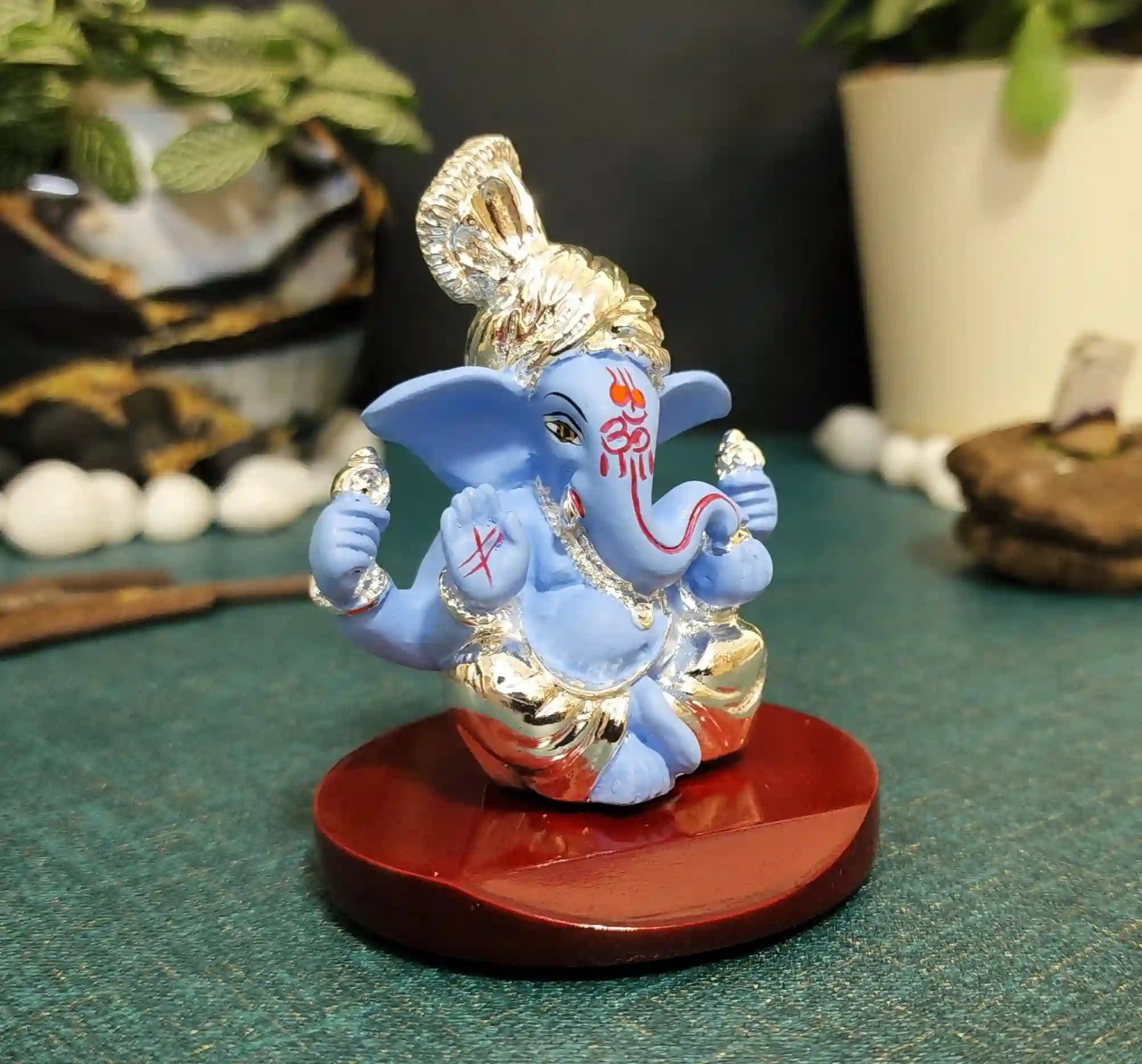 Side view of Silver & Blue Pagadi Ganesha Idol – handcrafted with MDF base, ideal for mandirs, desks, and festive décor.