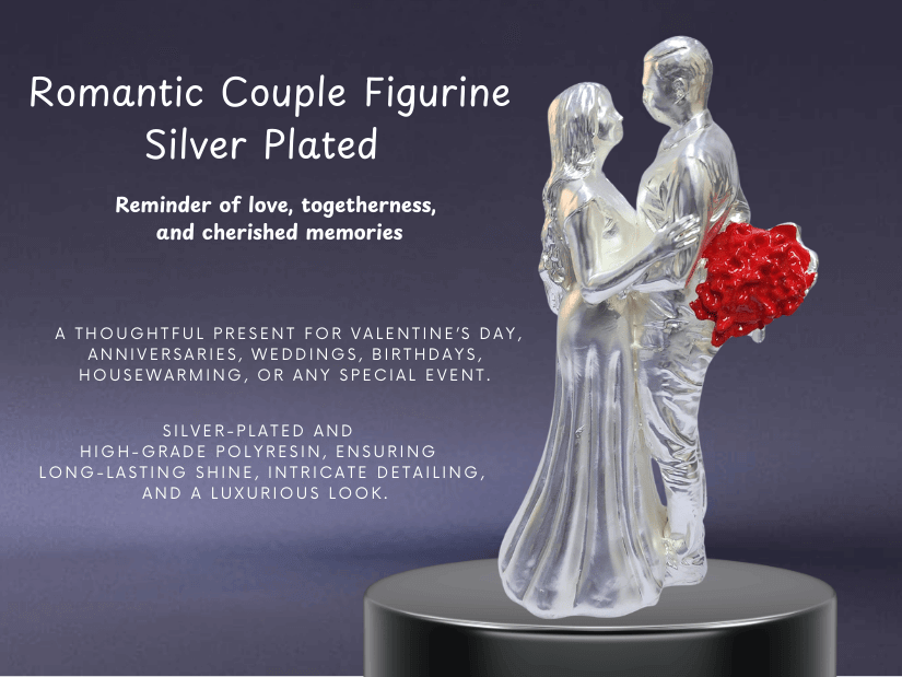 Silver-plated romantic couple figurine with a matte finish, holding A Red rose bouquet.